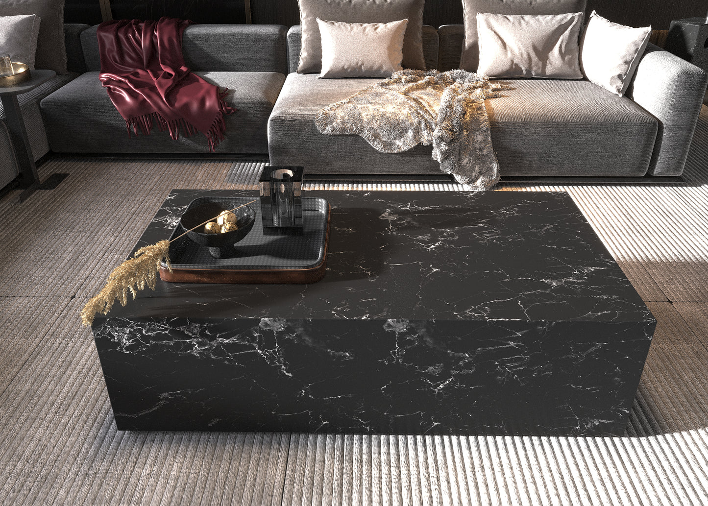 Stone Block black marble center table with striking white veins